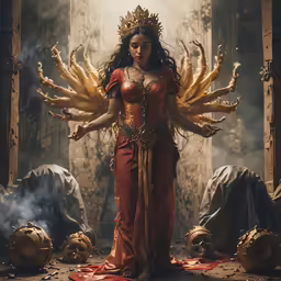 a woman dressed as a demon standing in a throne surrounded by demons
