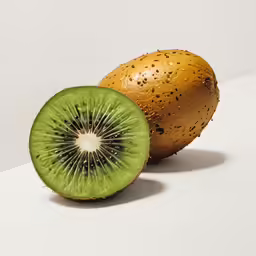 a green kiwi and a golden kiwi on a white surface