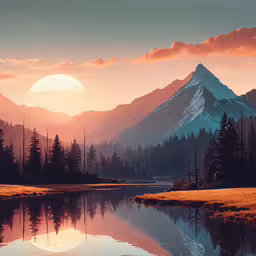 there is a sunrise over the mountain range,the mountains and trees are in the distance near a lake