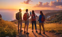 three people are standing on a road looking at the sunset,three friends are standing on a mountain looking at a cell phone
