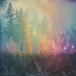 many tall trees are in the foggy background