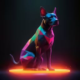 a very colorful dog sitting in the middle of a floor