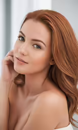 a young woman with beautiful red hair looking at the camera