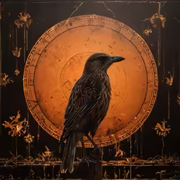 a black bird sitting on a pole in front of an orange circle