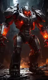 the giant robot with glowing red eyes standing next to a pile of rubble