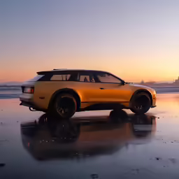 a yellow four door car parked in front of the water