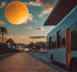 a full moon setting over a city street