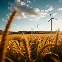 wind turbines are in the background behind wheat