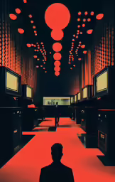 the man is standing alone in a dimly lit area