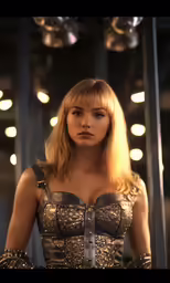 a woman in a corset looks into the distance