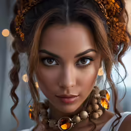 beautiful young woman in white shirt with yellow beads