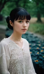 a woman in white dress standing outside by orange trees