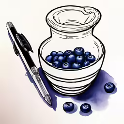 some blueberries in a white bowl a pen and some water