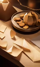 the paper and cookies are arranged on the tray