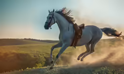 a white horse runs through a grassy area
