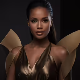 a woman in a gold dress with large breast shapes