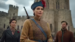 a young woman in costume and two men in costumes, stand near an old castle