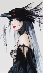 a woman wearing a feather hat with large red eyes