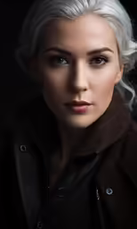 a woman with white hair and blue eyes