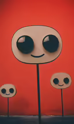 an odd face with three eyes is painted on a wall