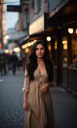 a woman in long brown dress standing on a street