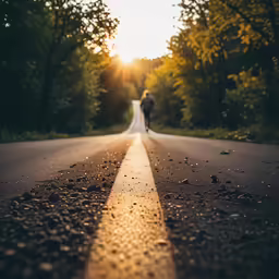 a man and a woman walking down the road near trees