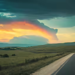 a truck driving down the road past a beautiful sunset