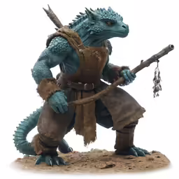 a large green lizard figurine with two horns and a man with a cane