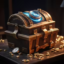 a wooden chest sitting on top of a table with gold flakes