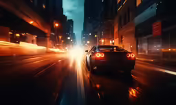 a close up of a very fast car in the city