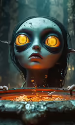 a woman with yellow eyes and a horned nose