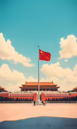 a flag pole in front of a palace building