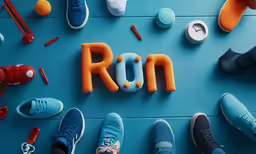 the word run surrounded by various toys and items