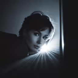 a young woman leaning against a pole holding onto a light