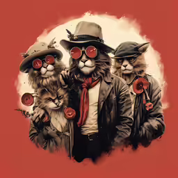three meowing characters dressed up in vintage style clothing