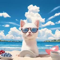 a white cat wearing sunglasses with a plate on the sand and fruit in the background