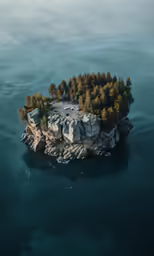 an island is in the middle of a body of water with small trees growing on top