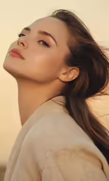 a woman with long hair and a tan top looking up at the sky