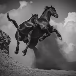 two horses leaping in the air in the field