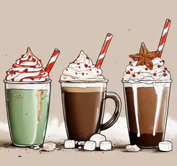 three cups of hot chocolate and a latte are lined up,two cups of ice cream and two glasses of hot chocolate