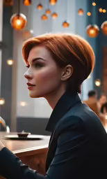 a woman with red hair and earrings sitting at a table