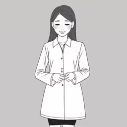 a woman in an overcoat with long black hair and brown shoes is holding her hands together