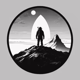 an astronaut stands on top of a mountain looking at the moon in this circular art piece,the man stands on the top of a mountain