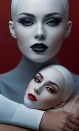 a woman holding a mannequin with her face on the back of it