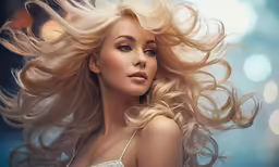 a blond woman wearing a halter shirt and long hair