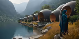 a woman stands by some big oval buildings next to a lake