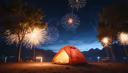 a tent sitting on top of a sandy beach with fireworks,a red tent set up outside during a night