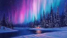 a painting shows the aurora bore above a lake,an image of colorful lights above the trees