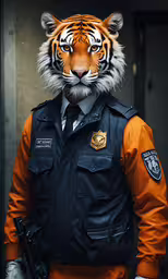 a tiger head that has some leather sleeves on,man in tiger suit and black vest poses for a picture