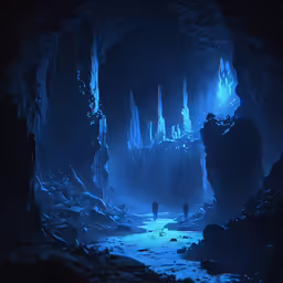 a cave with a blue waterfall on the side and two people in front of it
